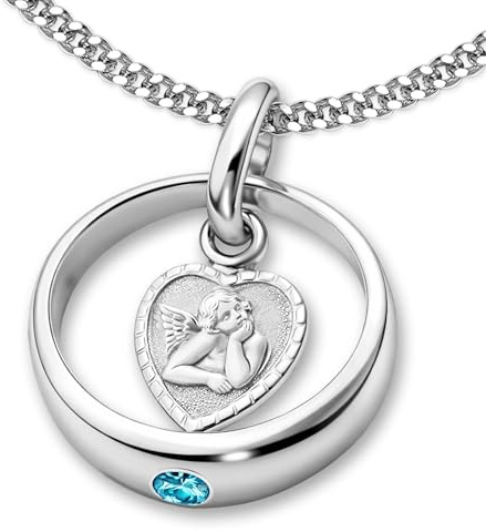 CLEVER SCHMUCK Versilberter Taufring mit hellblauen Zirkoniasteinen und Engelsherz mit Venezia-Kette 36 cm aus 925er Silber, Sterlingsilber 925, Oxyde de Zirconium