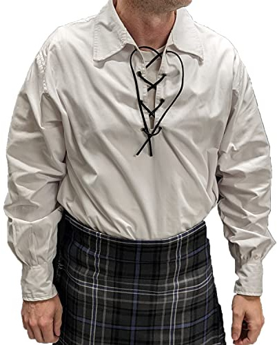 Långärmad herrskjorta, Jacobite Ghillie skjorta för kilts, med läderslips, Vitt, L