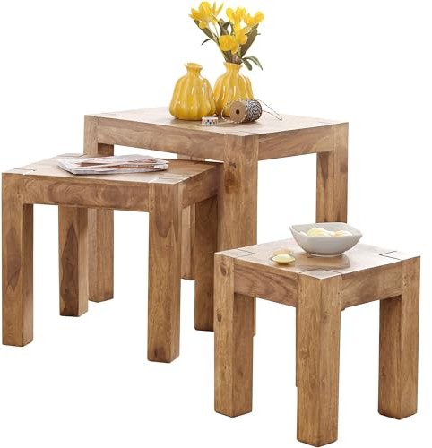 FineBuy 3er Set Satztisch Massiv-Holz Akazie Wohnzimmer-Tisch Landhaus-Stil Beistelltisch dunkel-braun Naturholz