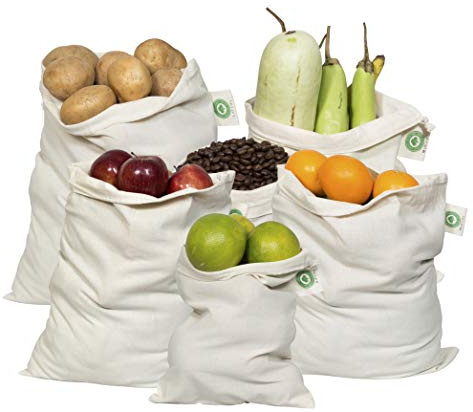 Reusable Produce Bags Cotton Washable - Organic Cotton Vegetable Bags - Cloth Bag with Drawstring - Muslin Fabric Produce Bags - Bread Bag - Set of 6 (2 Large, 2 Medium, 2 Small)