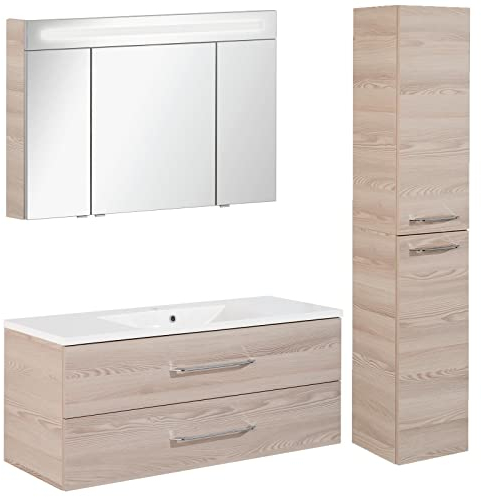 FACKELMANN Badmöbel Set B.Clever 3-TLG. 120-150 cm esche mit Waschtisch Unterschrank inkl. Gussmarmorbecken Hochschrank & LED Spiegelschrank