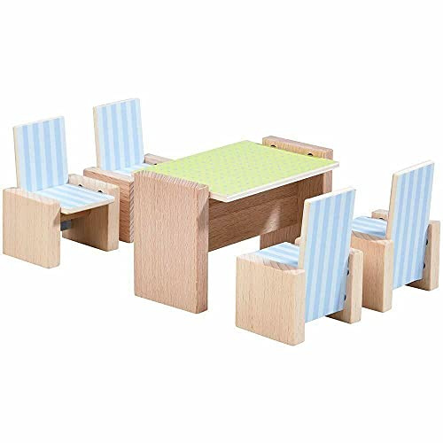 HABA 303839 - Little Friends – Puppenhaus-Möbel Esszimmer, Mit Tisch und 4 Stühlen, Passend für alle Little Friends-Puppenhäuser