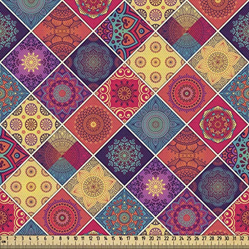 ABAKUHAUS Mandala Gewebe als Meterware, Diamant-Quadrat-Muster, Schön Gewebten Stoff für Polster und Wohnaccessoires, 1M (148x100cm),Dunkler Lachs Gelb