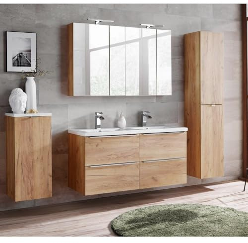 Lomadox Badezimmermöbel Set mit Doppelbecken & 2X LED-Spiegelschrank Wotaneiche & weiß Hochglanz, Breite 230cm