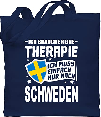 Baumwolltasche - Länder Fahnen und Flaggen - Ich brauche keine Therapie Ich muss einfach nur nach Schweden - weiß - Unisize - Navy Blau - stoffbeutel country souvenirs beutel baumwolle stofftasche