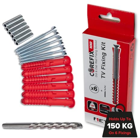 Corefix 6 x 100mm TV Wall Fixings With Drill Bit Included - Plasterboard Over Blockwork Wall Plugs And Screws For Hanging Wall Mounted TVs - Reinforced Steel Core Holds 150kg on 6 Fixings
