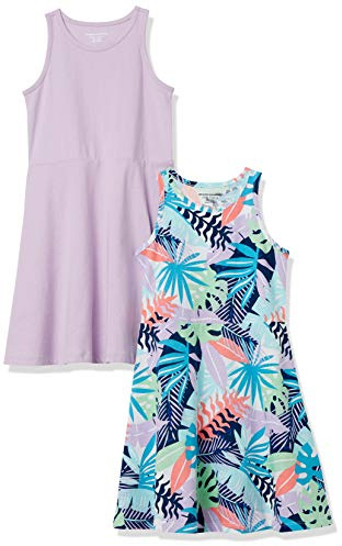 Amazon Essentials Vestidos de Punto sin Mangas Niña, Pack de 2, Morado/Tropical, 8 años