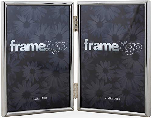 Frametigo - Silver Plated Thin Edge Double Photo Frame, 4x6 (10x15cm) Photo Size - Portrait Orientation - Modern & Sleek Design - Traditional Silver Picture Frames - Tarnish Resistant