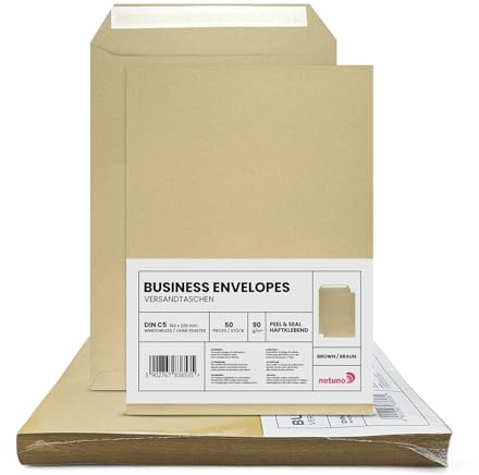 Netuno 50 Kuvert A5 Braun DIN C5 ohne Fenster haftklebend 90g Papier | 16,2 x 22,9 cm · große braune Businessumschläge · für Großbrief, Warensendung, Büro, Versand, Korrespondenz