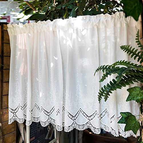 A.Monamour Gardine Scheibengardinen Kurzstores Retro Rustikales Bauernhaus Blickdicht Baumwolle Weiß Floral Bestickte Spitze Kurzgardinen Küchengardine Volants Küche Fenster Kurz Vorhang Bistrogardine