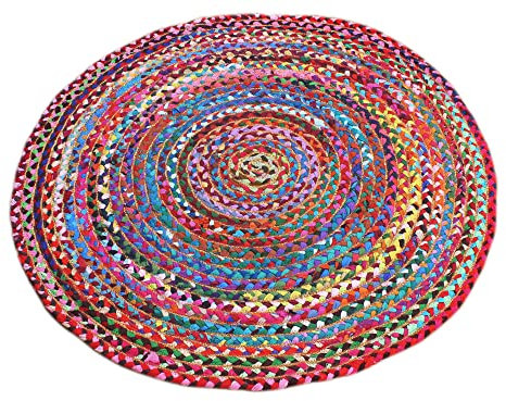 CASAVANI Handgefertigter, gewebter runder Teppich, Baumwolle, Chindi-Teppich, Mehrfarbig, für den Außenbereich, Dekoration, Jute-Teppich 90 x 90 cm (3 x 3 Fuß im Quadrat)