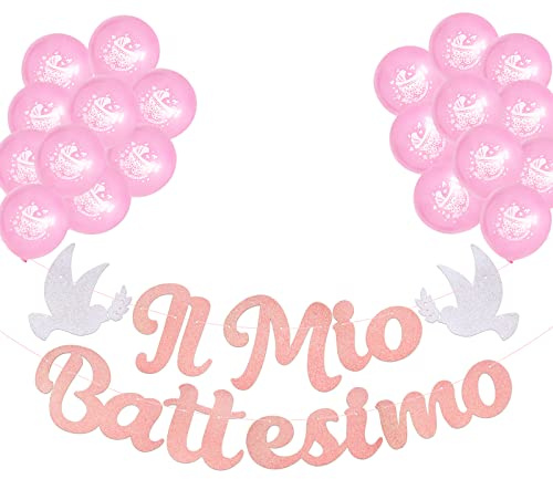 20 Palloncini Rosa Battesimo Festone Striscione Scritta Il Mio Battesimo Decorazione Addobbi per Festa Nascita Baby Shower
