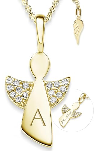 Schutzengel Kette Mädchen Gold (Silber 925 vergoldet) Kommunion, Taufkette | Geschenk zur Taufe Erstkommunion Konfirmation, personalisierte Halskette mit Engel-Anhänger für Kinder mit Gravur Buchstabe