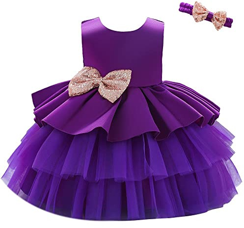 Lito Angels Baby blomma flicka brudtärna klänningar bröllopsfest outfit fin balklänning tillfälle klänning med pannband, Lila, 9-12 månader