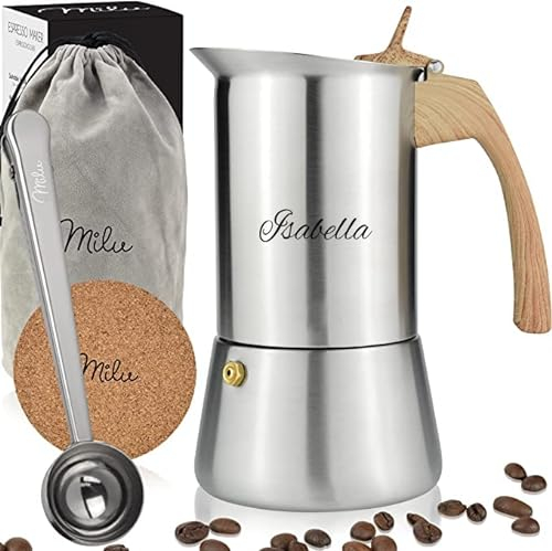 Milu cafetière Italienne Induction avec gravure | 2, 4, 6, 9 Tasses | Cafetière Moka en INOX, Espresso Maker Acier Inoxydable, Ensemble comprenant un sous-verre (Aspect bois, 9 tasses 450ml)