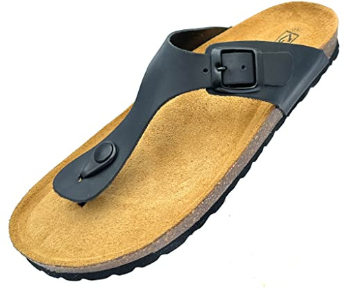 GONKOS® lädersandaler, anatomisk kork-innersula, äkta läder, naturkork, justerbart spänne, unisex tåsandaler, kvalitetssandaler tillverkade i Spanien, färg svart storlek 42