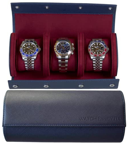 Watch Essentia Uhrenrolle, 100% ECHTES Leder, Watch Roll für 3 Uhren, Handgemacht Uhrenbox, Uhrenaufbewahrung, Uhrenkasten, Uhrenhalter, Uhrenbox 3 uhren, Watch Box, (blue)