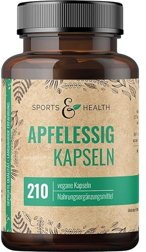 Apfelessig Kapseln Hochdosiert –210 Kapseln – Apple Cider Vinegar – 1000mg Apfelessig pro Tagesdosierung – 3,5 Monate Vorrat an Apfelessig Kapseln – vegan – ohne Zusätze