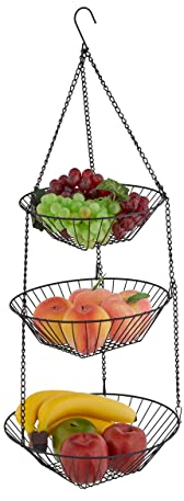 Relaxdays Obstkorb hängend, H x D: 73 x 28 cm, 3 Etagen, Stahl, runder Hängekorb für Obst & Gemüse, Obstschale, schwarz