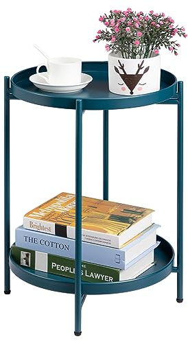 HollyHOME Beistelltisch Metall Rund Balkontisch Klein 2 Ebenen Metall Couchtisch Nachttisch Sofatisch Beistelltisch für Wohnzimmer Schlafzimmer Terrasse Outdoor, Pfauengrün