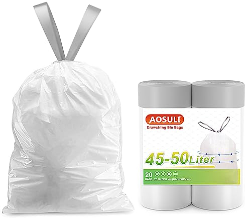 AOSULI Bin Liners 45L-50L with Drawstring Tie Handle,Strong Large Kitchen Bin Bags(20 Bags,White)