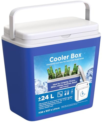Large Cooler Box - 24L, Insulated for Hot/Cold Food, Durable & Portable Freezer Box for Picnics, Camping BBQ, Comes with a Carry Handle, 9 Hours Cooling, Locking Lid, Blue