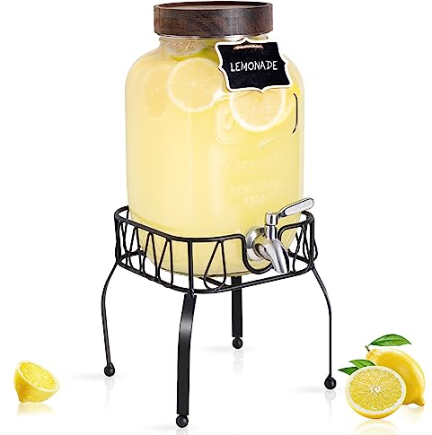 Mustry Glass Drink Dispenser for Parties, 1 Gallon Beverage Dispenser with Stand and Spigot Solid Stainless Steel, Used as Lemonade Dispenser Sun Tea Jar Kombucha Jar