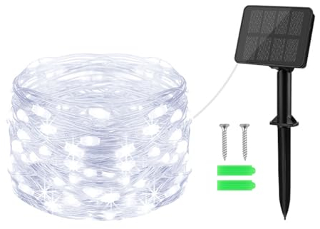 Gcstnn Guirlande Solaire Lumineuse, 10M 100 LED Guirlande Solaire Exterieure 8 Modes IP65 Étanche Lumineuse Decor pour Jardin, Patio, Chambre, Balcon, Terrasse, Portail, Arbres, Noël (Blanc Froid)