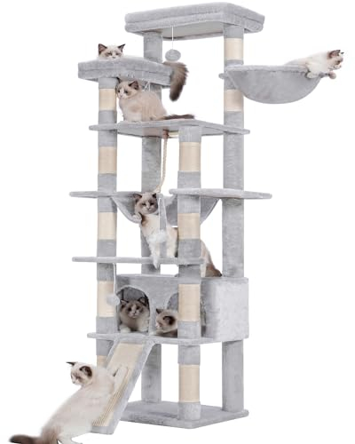 Heybly Hoher Katzenbaum, 198,1 cm, mehrstöckiger Katzenturm für Indoor-Katzen, 2 verbreiterte Plüsch-Sitzstangen, Katzenhütte mit Kratzbrett und großen Höhlen, Hellgrau HCT033W