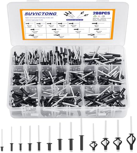 280pcs Black Pop Rivets Assortment Kit, SUVICTONG Aluminum Blind Rivets, (1/8 5/32 3/16) 13 Sizes Tri-fold Exploding Pop Rivet for Kayak Marine Boat