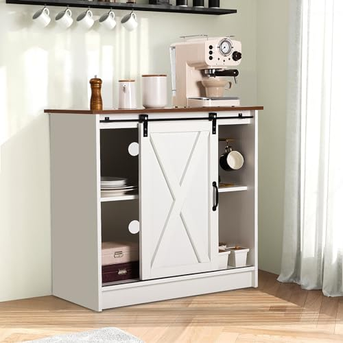COSYSUPER Weißer Kaffeebarschrank mit Stauraum, Bauernhausstil, Kaffeebartisch mit Schiebetür, verstellbare Regale, für Küche, Esszimmer, Wohnzimmer