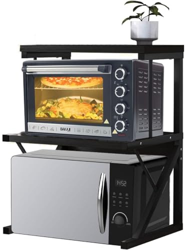 Shally Dogan Étagère de Rangement pour Micro-Ondes en Acier, étagère de Cuisine avec étagère à épices, unité d'étagères 2 Compartiments Pieds antidérapants, étagère Design Moderne (Noir + Noir)