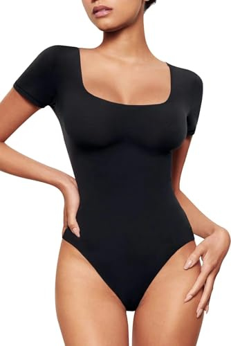 SHEKINI Body för kvinnor, kortärmad elegant bodysuit, formande body, magkontroll, body med kantig urringning, figurformande kroppsformare, t-shirt, tanga, topp, svart, S