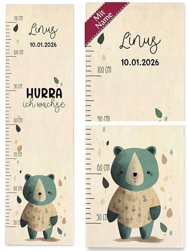 Messlatte Kind Holz - Hurra ich wachse Bär mit Name und Datum Kindermesslatte I Babymesslatte Jungen Mädchen - 50-110 cm - Holz - baby height measuring from 50cm bärenmotiv kinder holz, bear