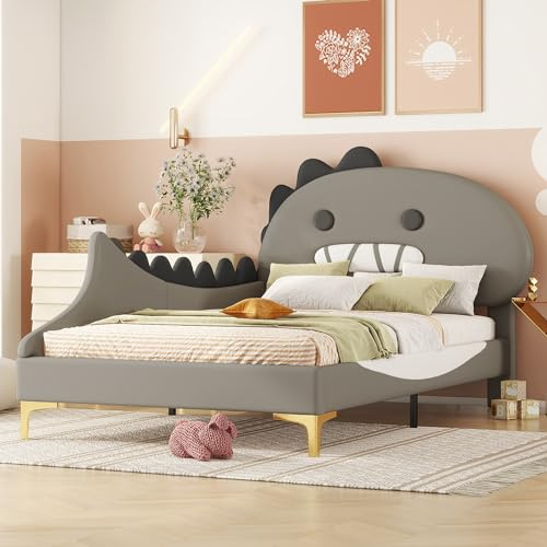 MQLAE Kinderbett 90x200, Mädchen Bett Jugendbett Polsterbett Einzelbett, Dinosaurierform, Bettgestell mit Lattenrost und Weiche Rückenlehne, Bett für Jungen und Mädchen, PU, Grau, ohne Matratze