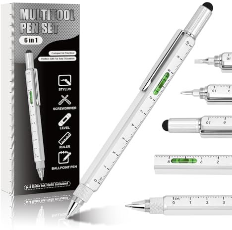 Stiftgeschenke für Männer, 6-in-1-Multitool-Stift, coole Gadgets-Werkzeuge für Männer, Geburtstagsgeschenke für Männer, Ehemann, Opa, Ingenieur, Heimwerker (Silber)