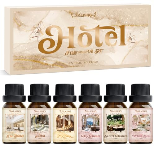 SALKING Oli Essenziali Albergo per Diffusori 6x10ml, Set di Olio Essenziale Puri per Aromaterapia e Massaggi - L'Hotel, Santal, My Way, Sogno ad occhi aperti, Desideri segreti, Tè bianco