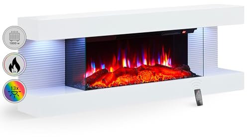 Balderia Camino Elettrico Lumina elettrico da parete con effetto fiamma 3D, riscaldamento 1000/2000 W, illuminazione a LED, camino con telecomando, timer, termostato, bianco