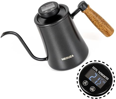 Pour Over Coffee - Hervidor de cuello de ganso, 600 ml, con termómetro de alta precisión, acero inoxidable 304, mango ergonómico de madera, opciones de calefacción versátiles, fácil de limpiar