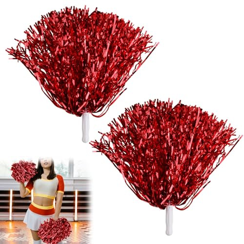 Pon Pon Cheerleader, 2 Pezzi Fiore a Mano Cheerleader, Rosso Pompon con Manico ad Anello, Ideali per Danza, Cheerleading e Feste Sportive, Accessori Luminosi e Resistenti