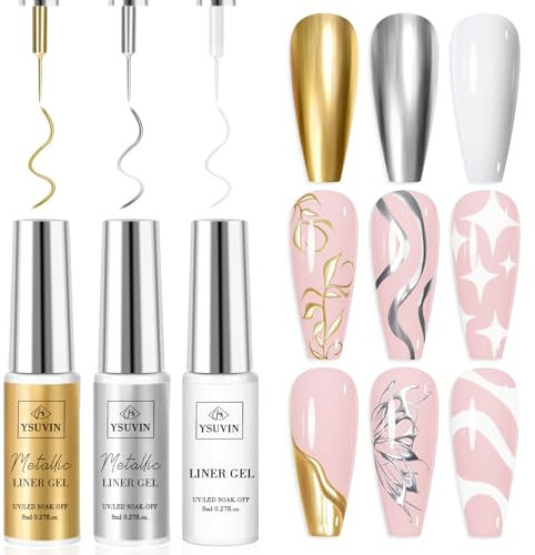 Yueshop Metallic Gel Nail Polish, 1PCS White Liner Gel Polish & 2PCS Silver Bronze Gold Mirror Chrome 3D Effect Gel Liner Nail Art Soak Off UV/LED for Drawing Pattern French Manicure, 8ml