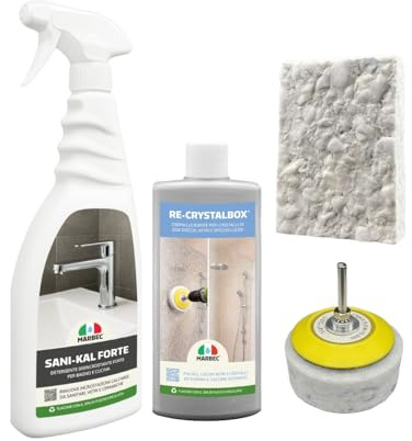 MARBEC KIT CRISTALLO DOCCIA Kit Completo per la Pulizia e la Rimozione di Calcare dai Cristalli del Box Doccia