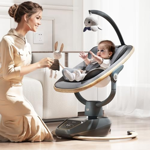 Trimigo transat bébé électrique balancoire bébé Réglable inclinaison, rotation 180°, 5 modes de balancement, musique et télécommande - Jusqu'à 18 kg (Couleur bois)