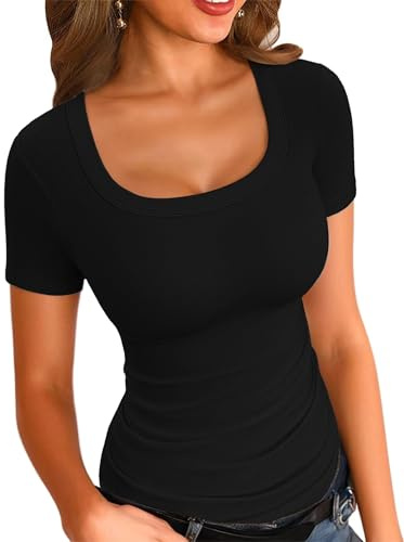 VICHYIE Damen-T-Shirt, Sommer, kurzärmelig, quadratischer Ausschnitt, lässiges T-Shirt, gerippt, schmale Hemden