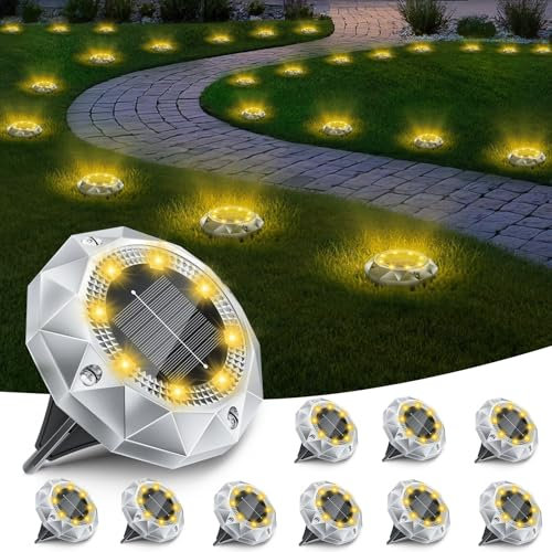 10 Pezzi Luci Solari da Giardino, 8 LED Faretti Sepolta Solari a Led da Esterno IP65 Impermeabile, Luci Solare Decorazione Lampade Solare da Terra per Cortile Prato Vialetto Paesaggio,Bianco Caldo