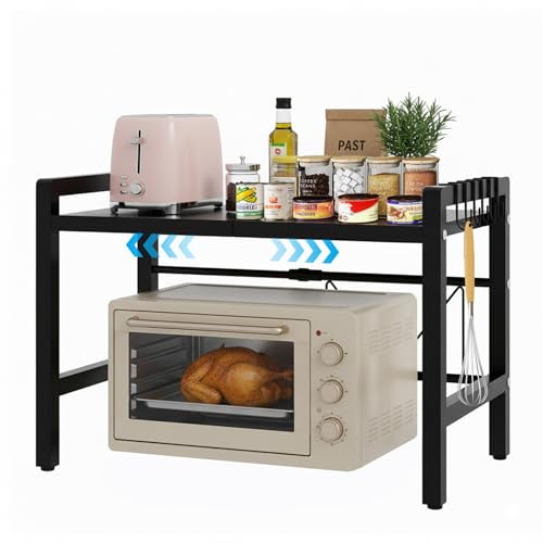 Tel Charme * Expandable Microwave Shelf Stand with 6 Hooks, 2 Tier Microwave oven Rack, Countertop Microwave Stand Storage Holder Kitchen Corner Shelf