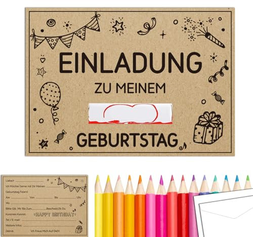 KZXCVS 12er Set Kindergeburtstagseinladungen aus Kraftpapier Kreativität Einladungskarten Kindergeburtstag für Jungen/Mädchen inkl. 12 Briefumschlägen, für Einschulung/Party(A6)