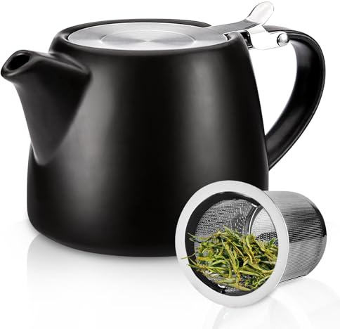 Porfoyo Teekanne mit Sieb, 500 ml Teekanne Keramik mit abnehmbarem Teesieb aus Edelstahl, Teeboot Keramik, Edelstahl feinmaschigen Infuser Teekanne Porzellan für längere Tenjut (schwarz)