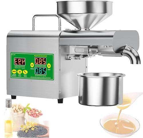 HEIHEIZI Pressa Automatica per Olio di Noci e Semi - Macchina in Acciaio Inox da 1500W per Spremitura a Freddo/Caldo - Include Spazzola per La Pulizia e Guanti Antiscottatura, 110V/220V