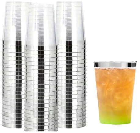 Yuedefly Lot de 50 gobelets en plastique transparent de 300 ml avec bord argenté, réutilisables et élégants pour cocktail, champagne, bière, martini, dessert